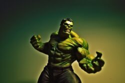 The Hulk standing and  bearing his teeth, pulling his right arm back into a fist.
