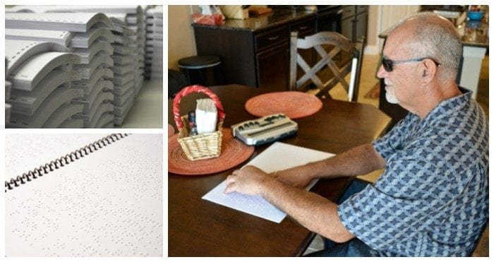 Collage showing a man sitting at his kitchen table reading a braille document and two photos of braille materials.