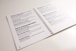 Image showing a sample Large Print Restaurant Menu with GBC comb binding by Braille Works