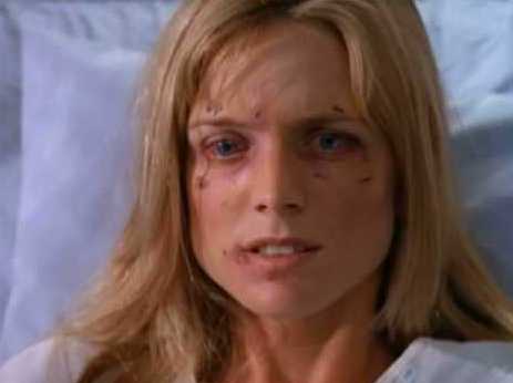 Alison in a hospital bed during a Melrose Place episode called "Postmortem Madness"