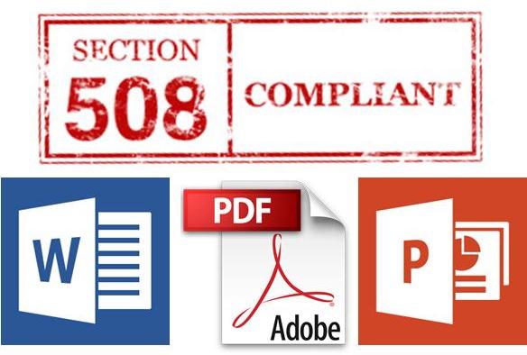 Logos for Microsoft Word, Power Point and Adobe PDF with the words "Section 508 Compliant" above