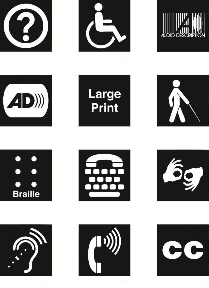 Image showing 12 accessibility and disability symbols including audio, large print, blind, braille, sign language, etcetera.