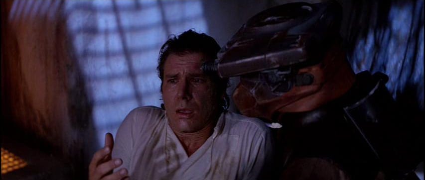 Han Solo in shock when he realizes he's been blinded by Hibernation Sickness