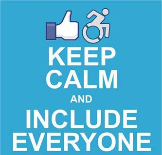 Image showing the Facebook "like" button and the new "handicapped" wheelchair symbol along with the words "Keep Calm and Include Everyone"