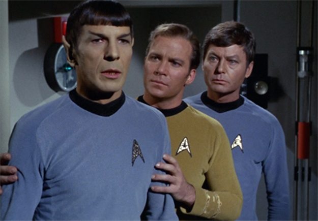 Spock, Captain Kirk and Dr. McCoy during the Star Trek episode "Operation Annihilate"