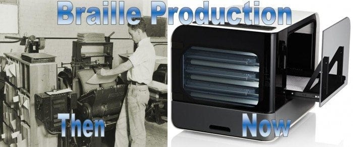 Image showing a side-by-side view of a Braille Press and a Braille Embosser with the words "Braille Production - Then and Now" displayed.