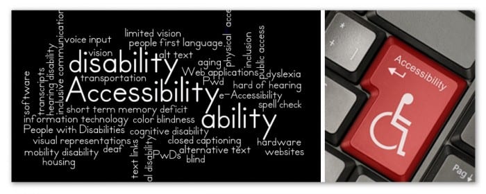 Image showing a word-cloud filled with accessibility-related words and a red keyboard key with the word "accessibility" on it.