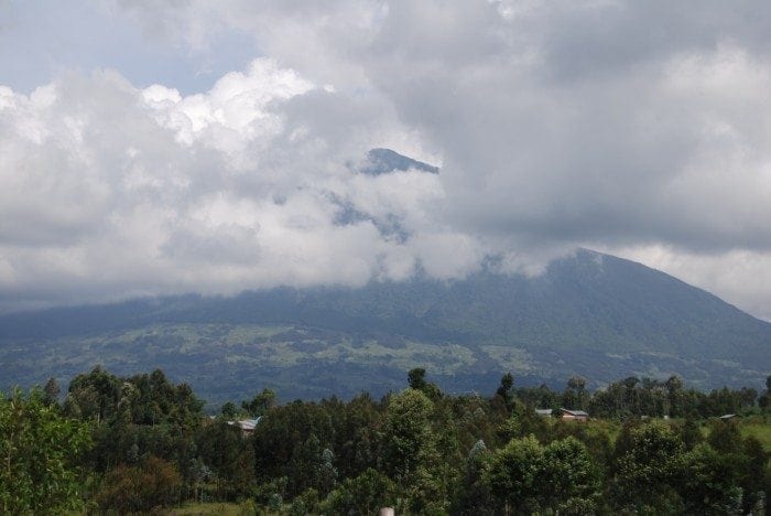 Image taken from Rwandan camp site showing the massive Mahabura Volcano in the distance.