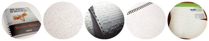 Image showing five small circular pictures of different braille documents produced by Braille Works. 