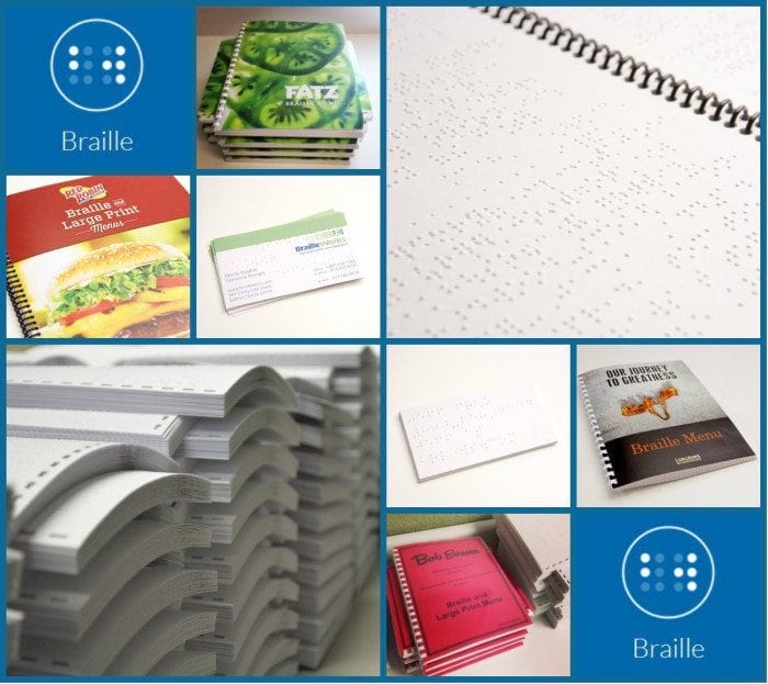 Collage image showing braille materials by Braille Works. Braille documents, menus, business cards and more.