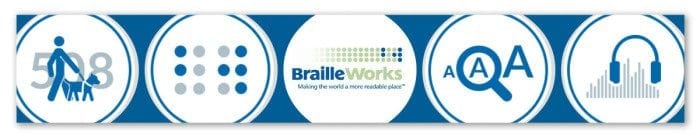 Image showing the Braille Works logo and four icons representing Braille, large print, audio and 508-compliant accessible electronic documents.