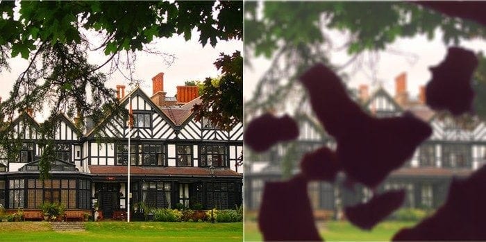 Image showing what a house looks like through an eye with normal vision and an eye with diabetic retinopathy