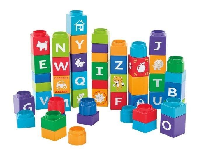 Image of Shakira First Steps Collection Stack ’n Learn Alphabet Blocks. Several stacks of blocks are shown.