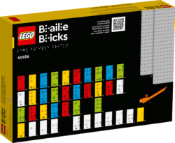 Back of the Lego Braille Bricks box that shows what the bricks look like