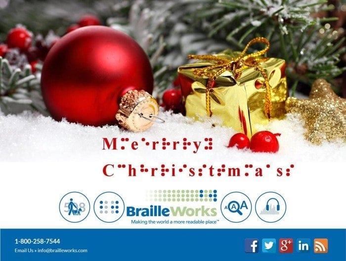 Christmas themed image with the words "Merry Christmas" displayed in print and braille characters. The Braille Works logo is shown near the bottom.