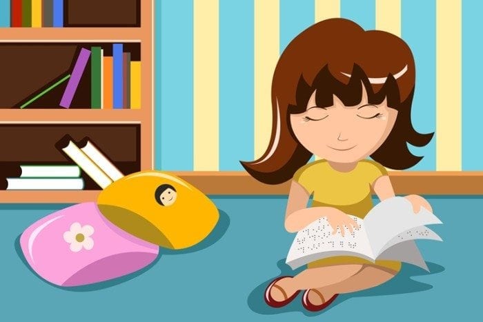 Cartoon image showing a little girl sitting on the floor reading a braille book.