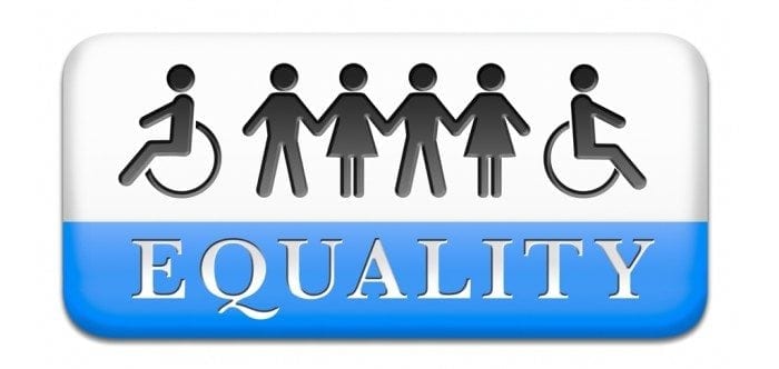 Graphical image showing several stick-figures holding hands with the word "Equality" displayed. Two of the stick-figures are in wheelchairs.