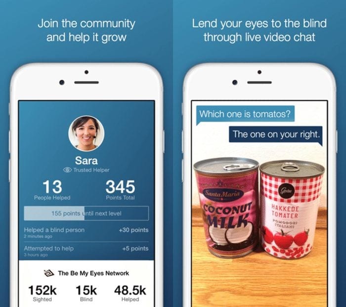 Image of a Be My Eyes screenshot showing a user profile on the left and two cans on the right. One is a can of coconut milk and the other is tomatoes.