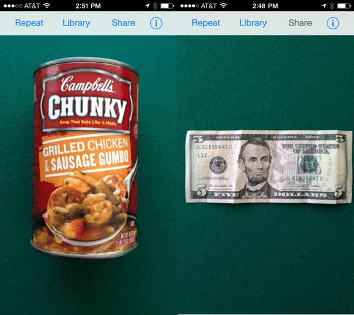 Image of a TapTapSee screenshot showing a can of soup and a five dollar bill.