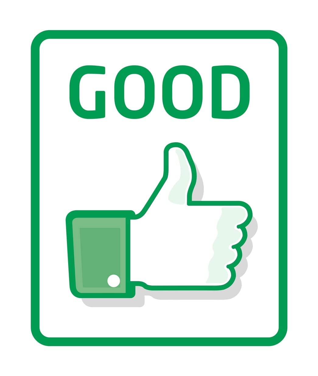 Hand giving a thumbs-up and the word "good" displayed above to indicate a positive marketing approach