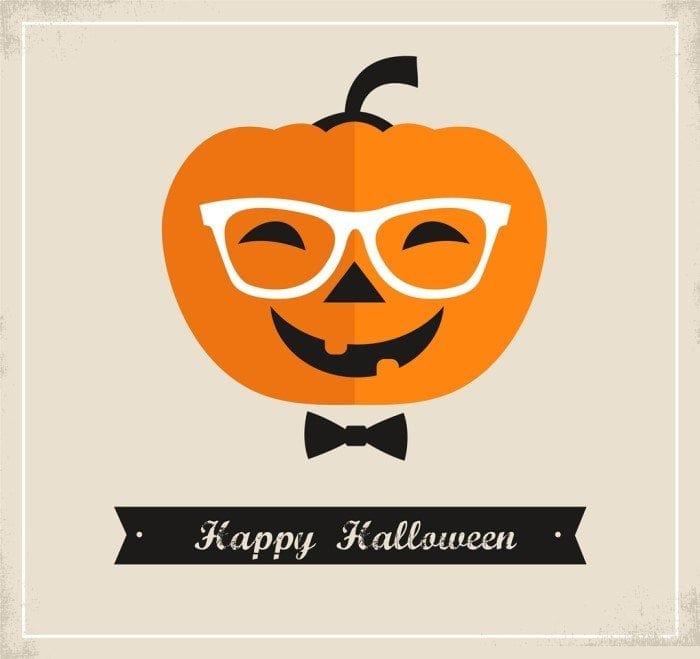 Hipster pumpkin wearing glasses and a bow tie. The words "Happy Halloween" are displayed.