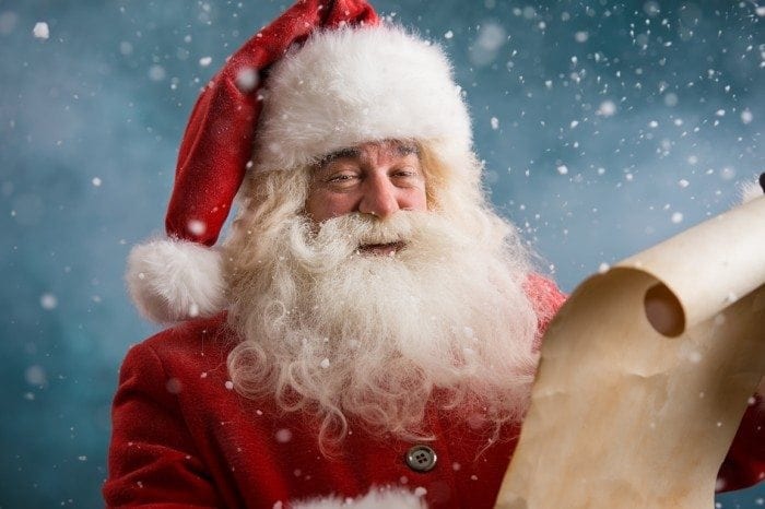 Santa Claus holding a Christmas wish list letter