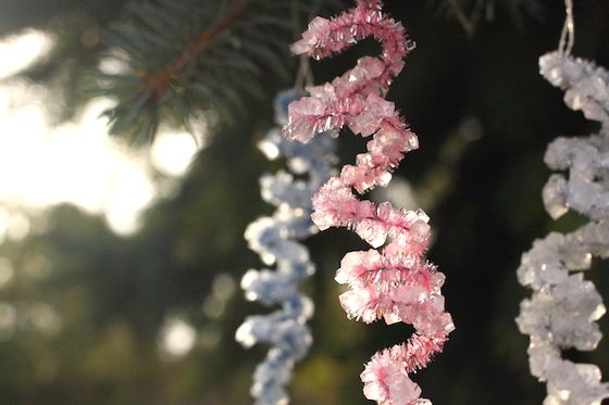 Three crystal pipe cleaner shapes hanging from a Christmas tree.