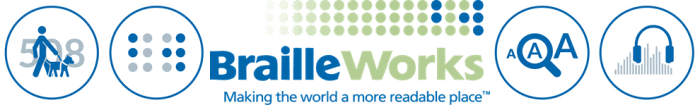 Braille Works logo. Link opens contact Braille Works