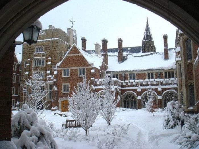 Yale University campus buildings covered with snow