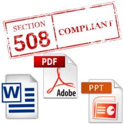 A stamp with the words "Section 508 Compliant" over the icons for Word, PDF, and PPT documents.