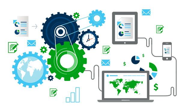 Automation diagram with mobile devices, laptops, gears, charts and other icons.