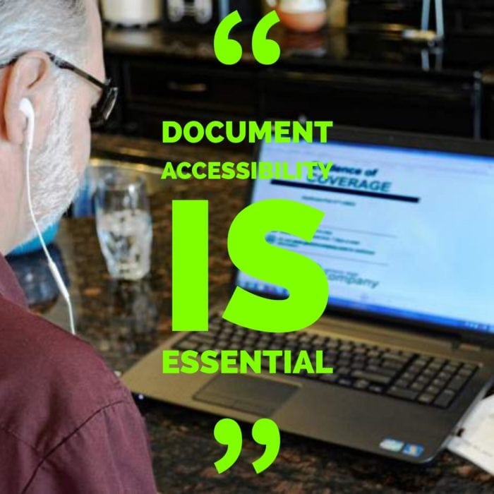 Man listening to his screen reader through headphones with a text overlay reading "Document accessibility is essential".