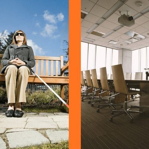 Woman sitting on bench holding white cane and a business board room on the other side.