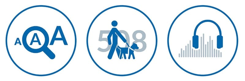 Blue circular icons representing Large Print, 508 Compliant and Audio documents.