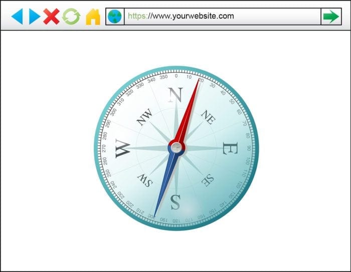 Browser window with with a large compass to represent website navigation.