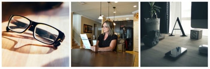 Collage image showing glasses, block letters and a woman reading a large print document.