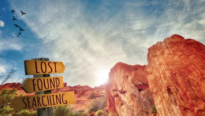 Red mountain rocks, blue sky, a few bird silhouettes flying overhead and post with 3 signs pointing difference ways that say "Lost," "Found" and "Searching"