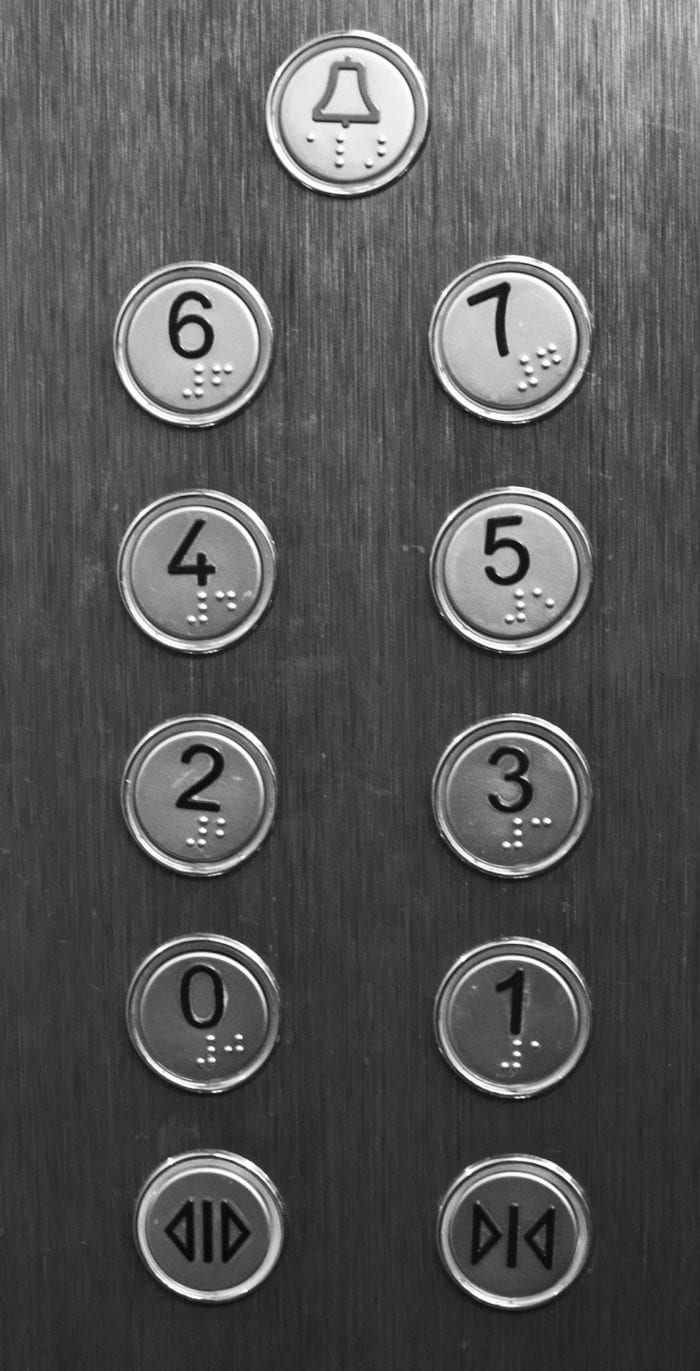 Elevator buttons for the alarm, open and close doors, and the floor selections with braille embossed on them