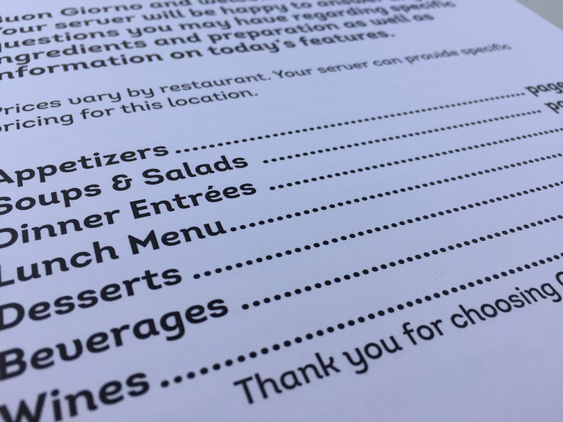 Close up of items on a large print menu