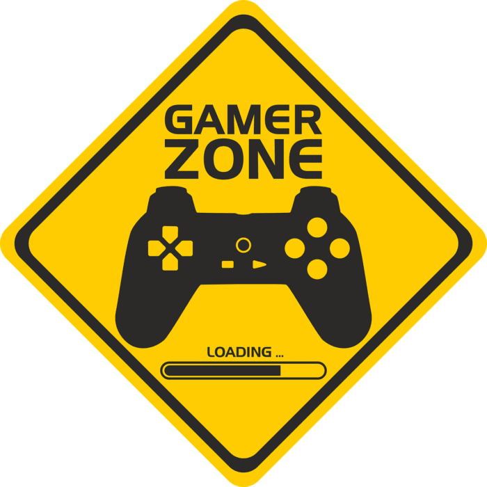 Yellow street sign with a video game controller, loading bar and the words, "Gamer Zone"