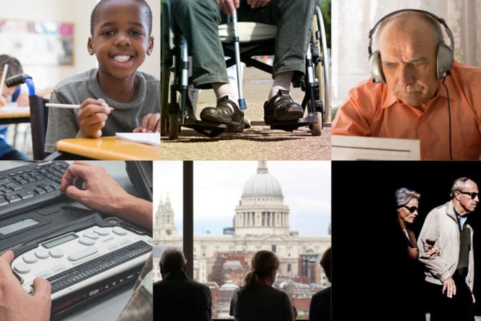 collage from left to right of a boy in a wheelchair in his classroom, another wheelchair, an elderly man listening to audio statements, a refreshable braille display, a government building, and a couple walking with glasses.