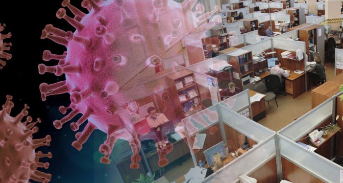 Magnified image of the coronavirus that blends into an office setting with employees in their cubicles