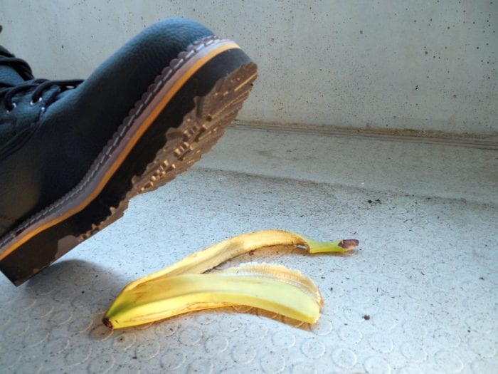 shoe about to slip on a banana peel