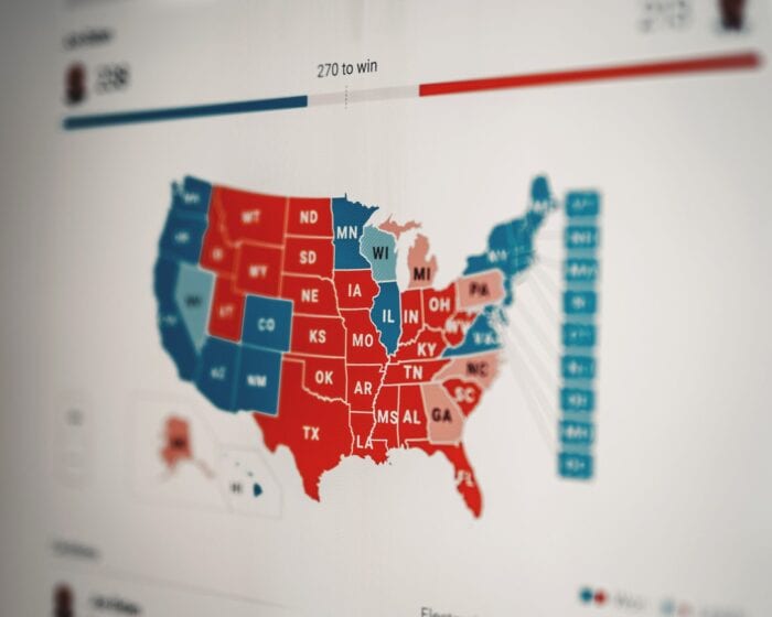 Map of the United States with early 2020 presidential election results and predicted results counting predicted electoral votes