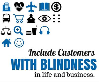 Image reads Include Customers with Blindness in life and business. And has icons representing all areas of life and business. represents the need for accessibility