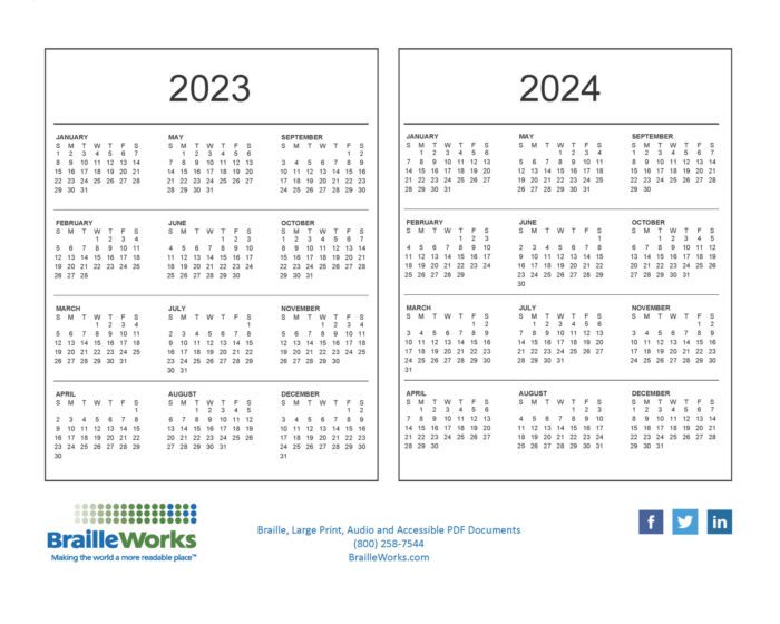 2023 and 2024 calendars with the Braille Works and social media logos and Braille Works phone number and website