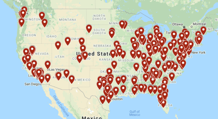 Map of the United States with markers for each letter sent