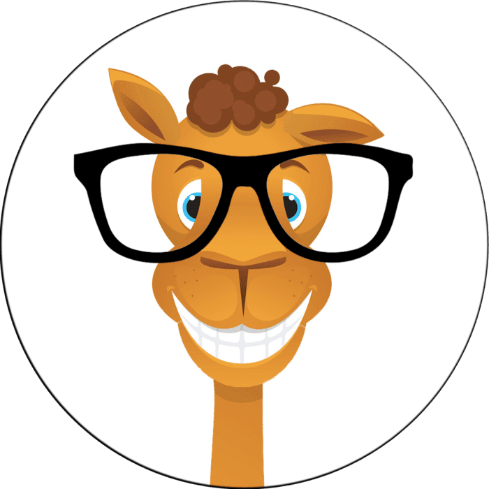 Seymour, the camel, wearing glasses and smiling