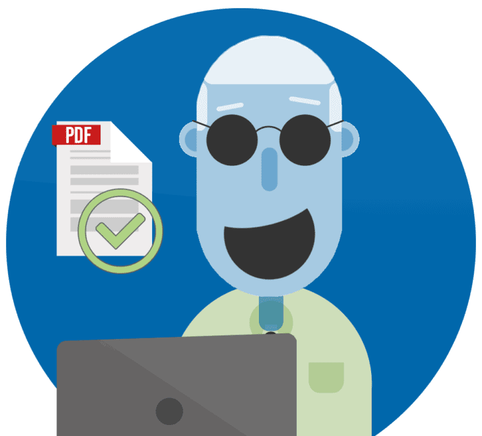 Cartoon person with blindness who's smiling while listening to a laptop read an accessible PDF