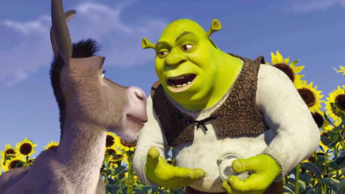 Still shot from the movie, Shrek, with Shrek explaining that ogres are like onions to Donkey